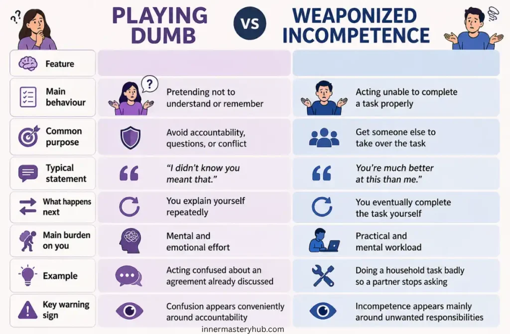 13 Playing Dumb Manipulation Tricks That Show You're Being Played 2 Playing dumb vs weaponized incompetence comparison showing differences in behavior, purpose, common statements, burden, examples, and warning signs.
