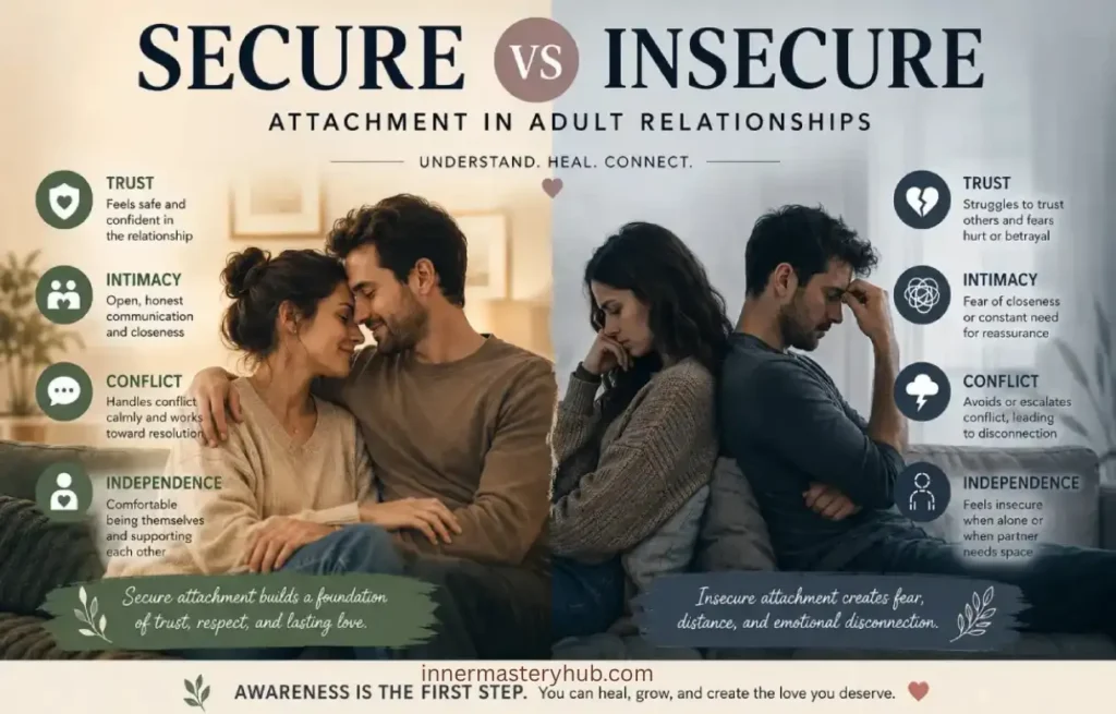 Secure vs Insecure Attachment: Signs, Types & Examples 1 Secure vs insecure attachment comparison showing differences in trust, intimacy, conflict, and independence.